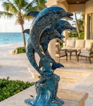 Dolphin Fountain: Three Leaping Bronze Luxury Coastal Sculpture