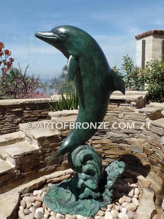 Dolphin Fountain: Verdigris Green Leaping Antique Water Feature