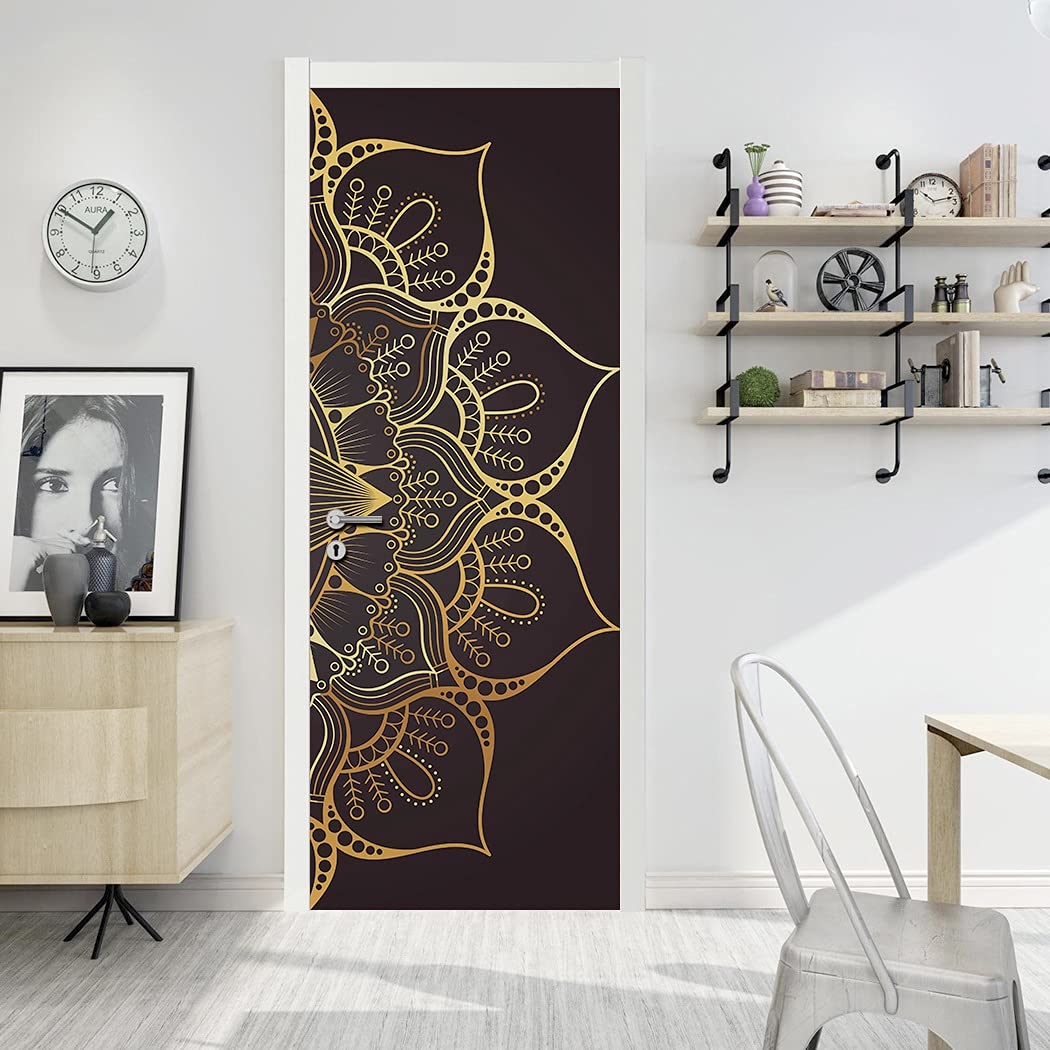 Door Mural Gold Mandala Charcoal Background Removable Art