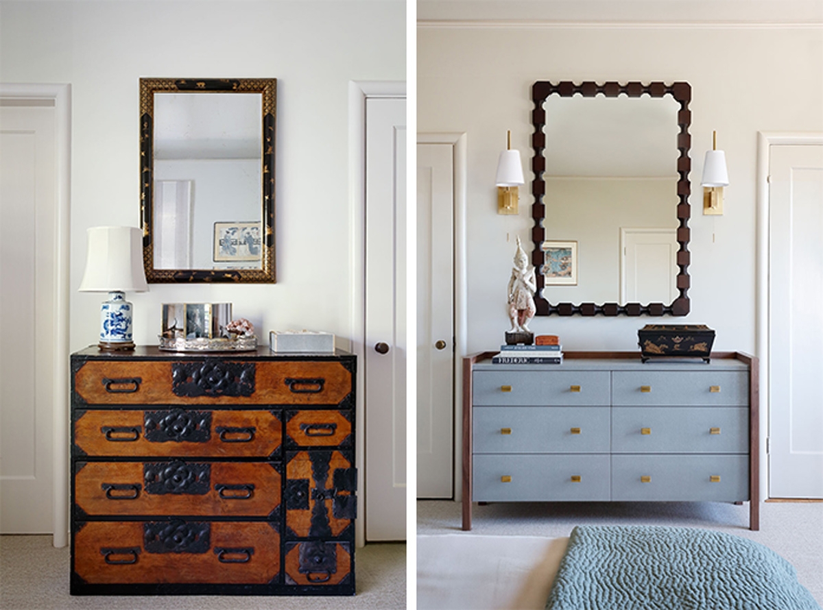 Double Dresser Blue Gray Drawers Scalloped Mirror