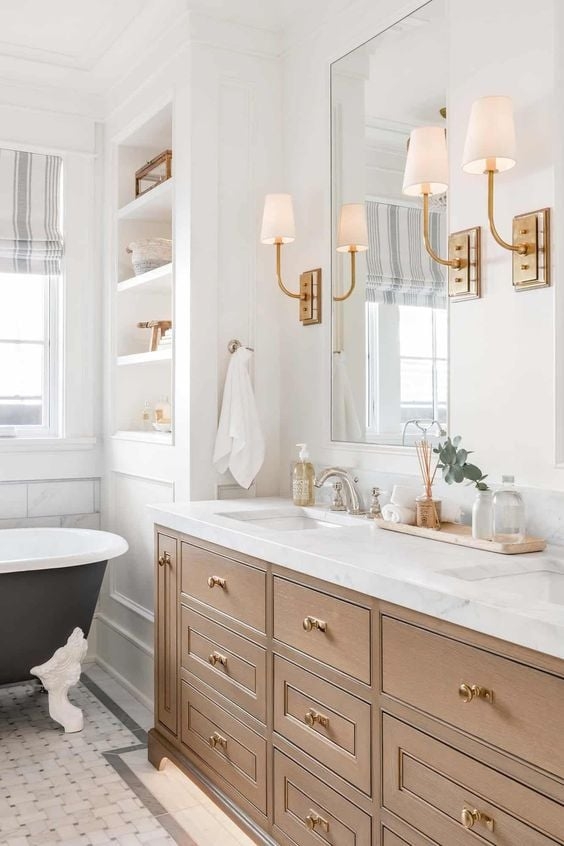 Double Vanity in Oak Finish with Wood and Marble Top