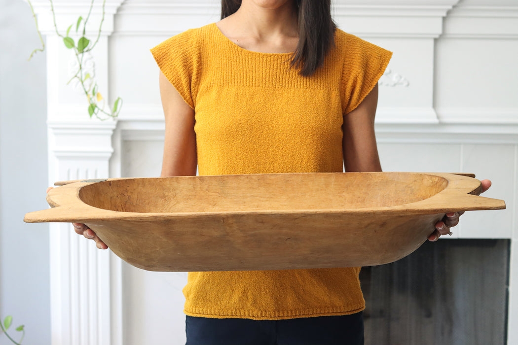 Dough Bowl Carved Handles Antique Oval Bread Trough
