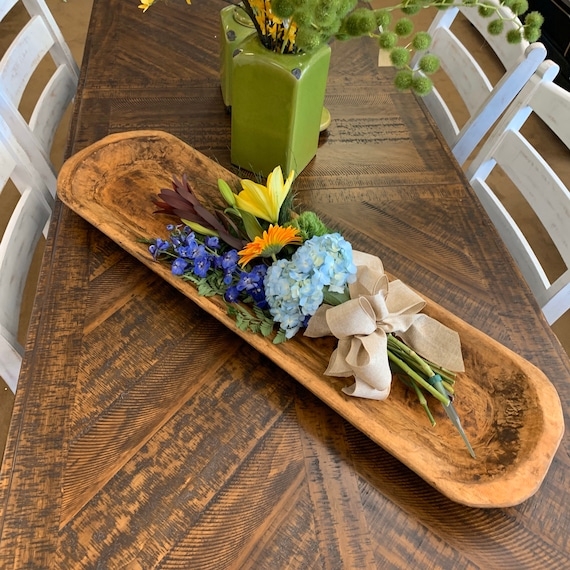 Dough Bowl Elongated Profile Hand Carved Wood Floral Tray