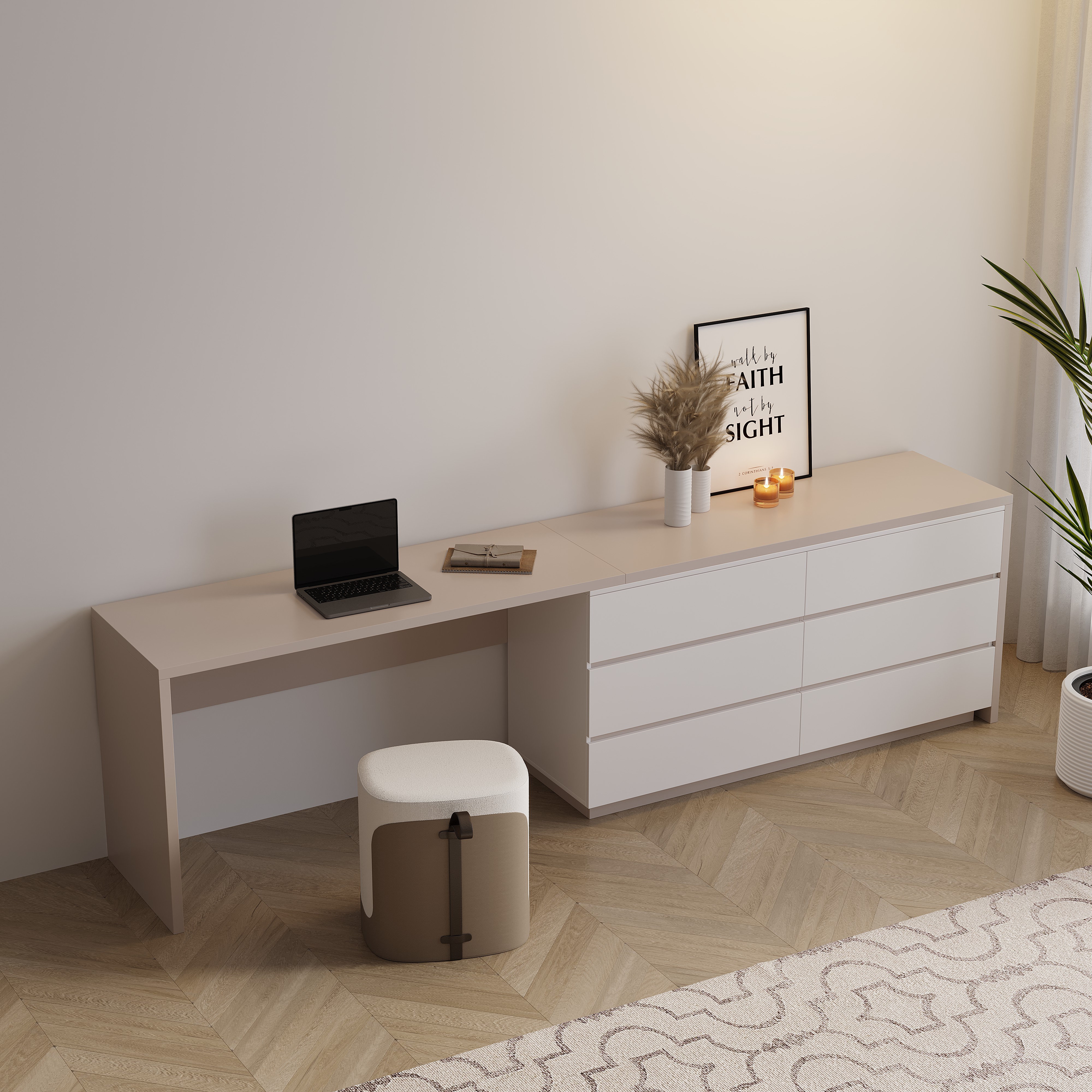 Dresser Desk Combo Beige 144 Inch Expandable Home Office Desk