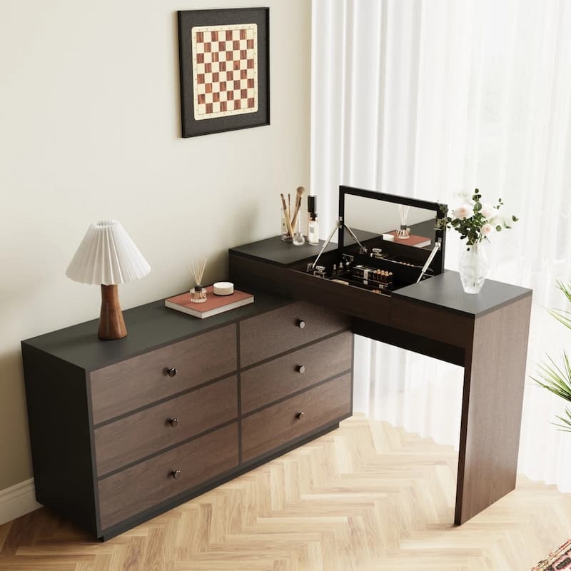 Dresser Desk Combo Walnut L-Shaped Dresser Desk Combo
