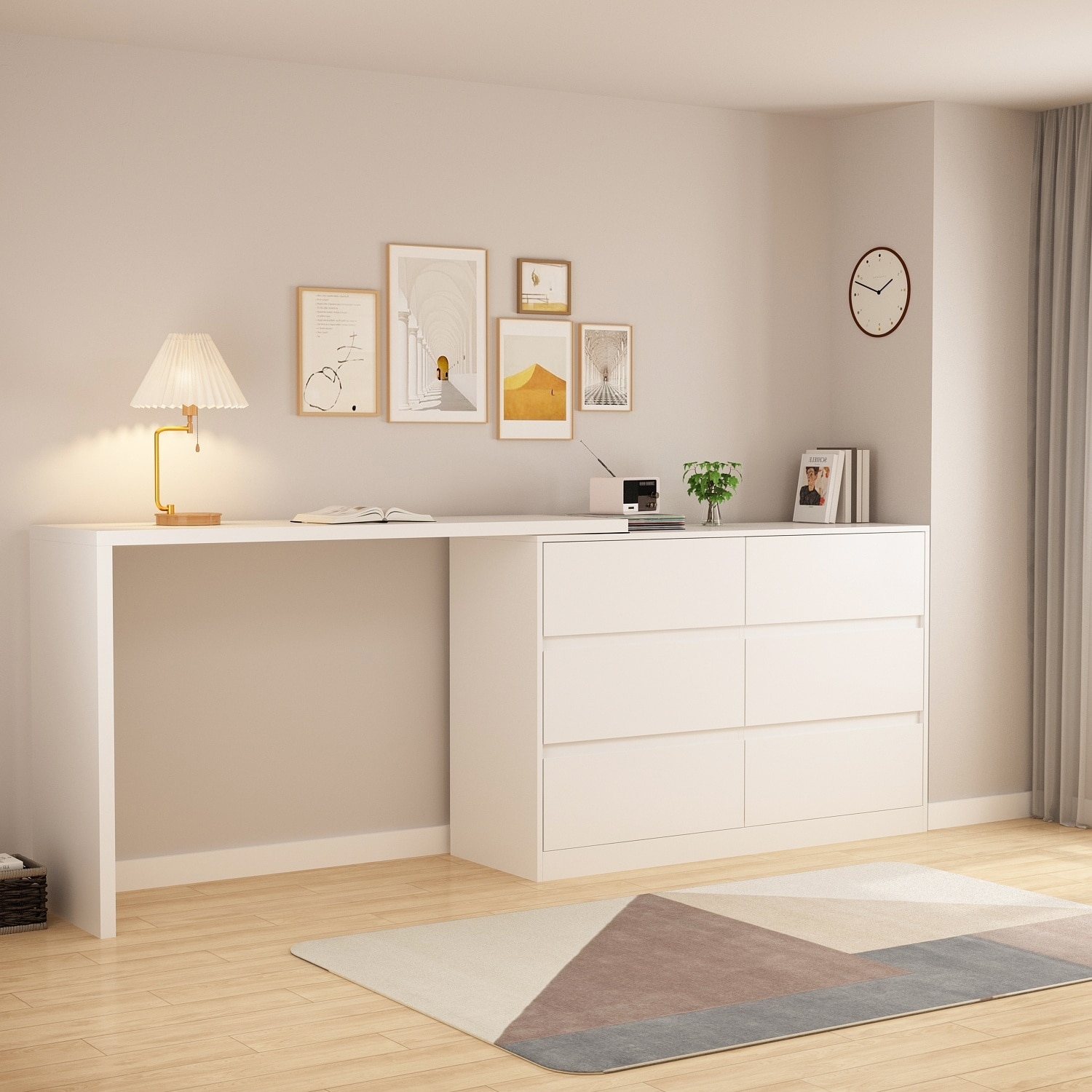 Dresser Desk Combo White Six Drawer Home Office Workstation