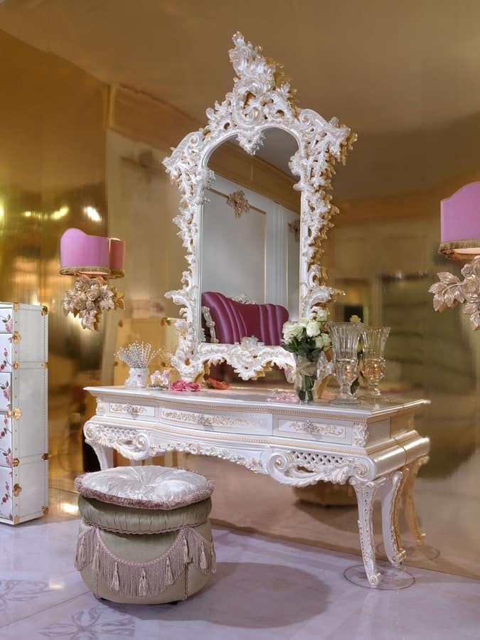 Dressing Table Ornate with Scrolling Mirror Frame and Fringe