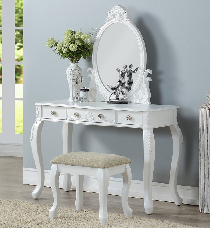 Dressing Table White French Provincial with Ornate Oval Mirror