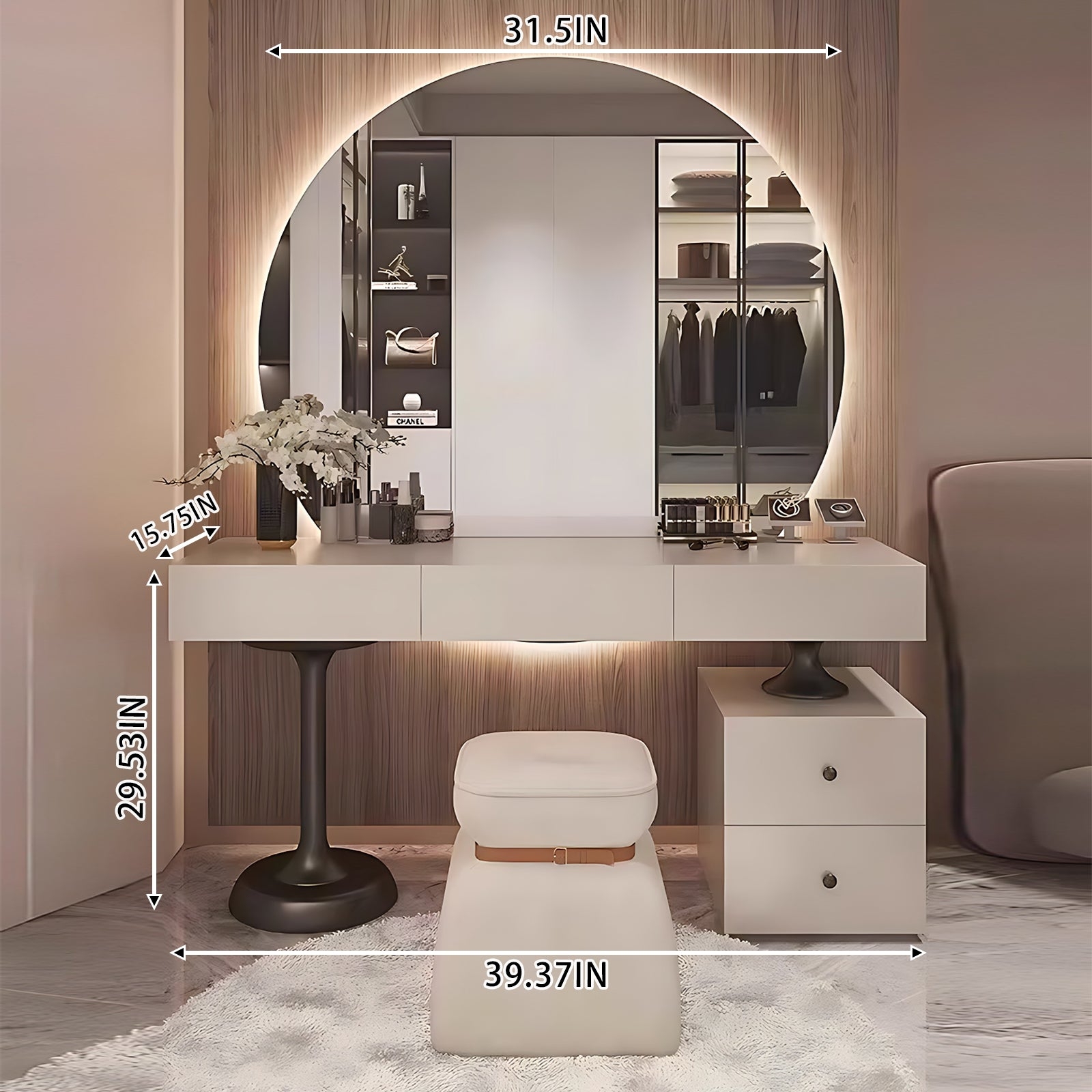 Dressing Table with Circular Backlit Mirror and Stool Detail