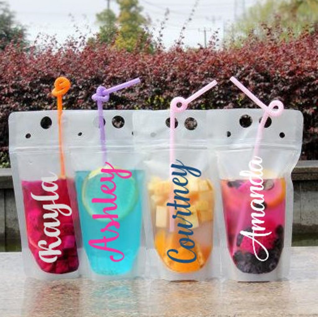 Drink Pouch Clear Gusset Curly Straws Personalized Pool Party Drinks