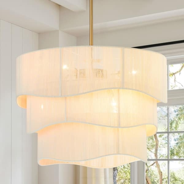 Drum Chandelier 3 Tiered Scalloped Edges | 3-tiered Ivory Drum Light
