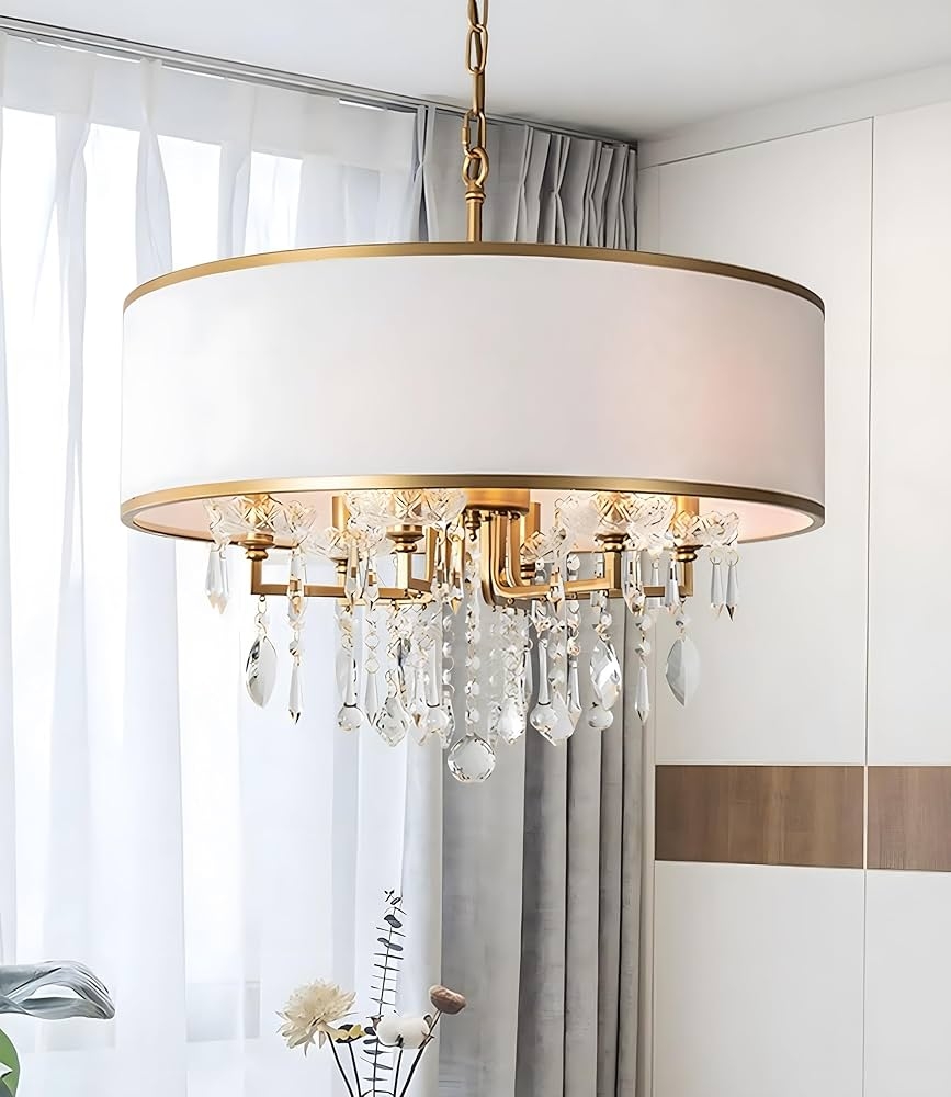 Drum Chandelier Crystal Fringe White Fabric Shade | Gold Crystal Drum