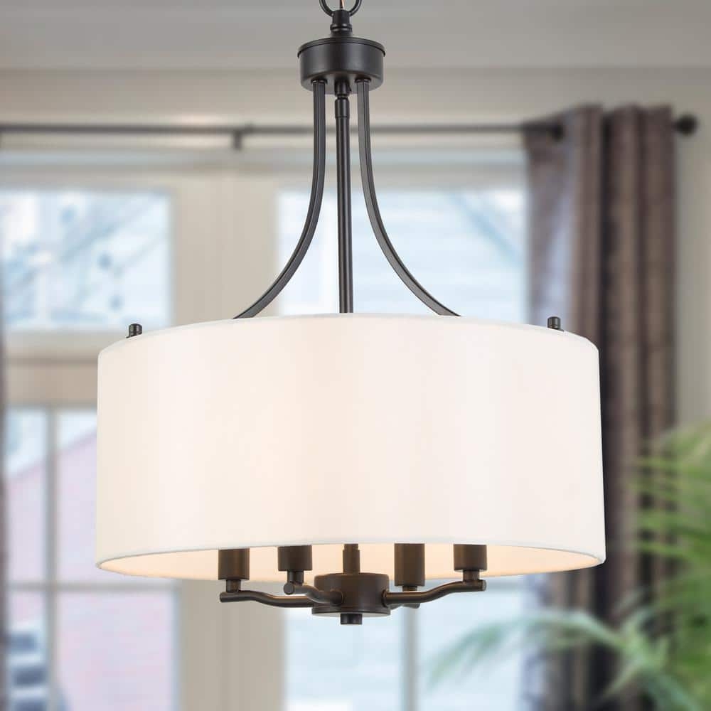 Drum Chandelier Fabric Shade And Curved Black Arms | Modern White Drum