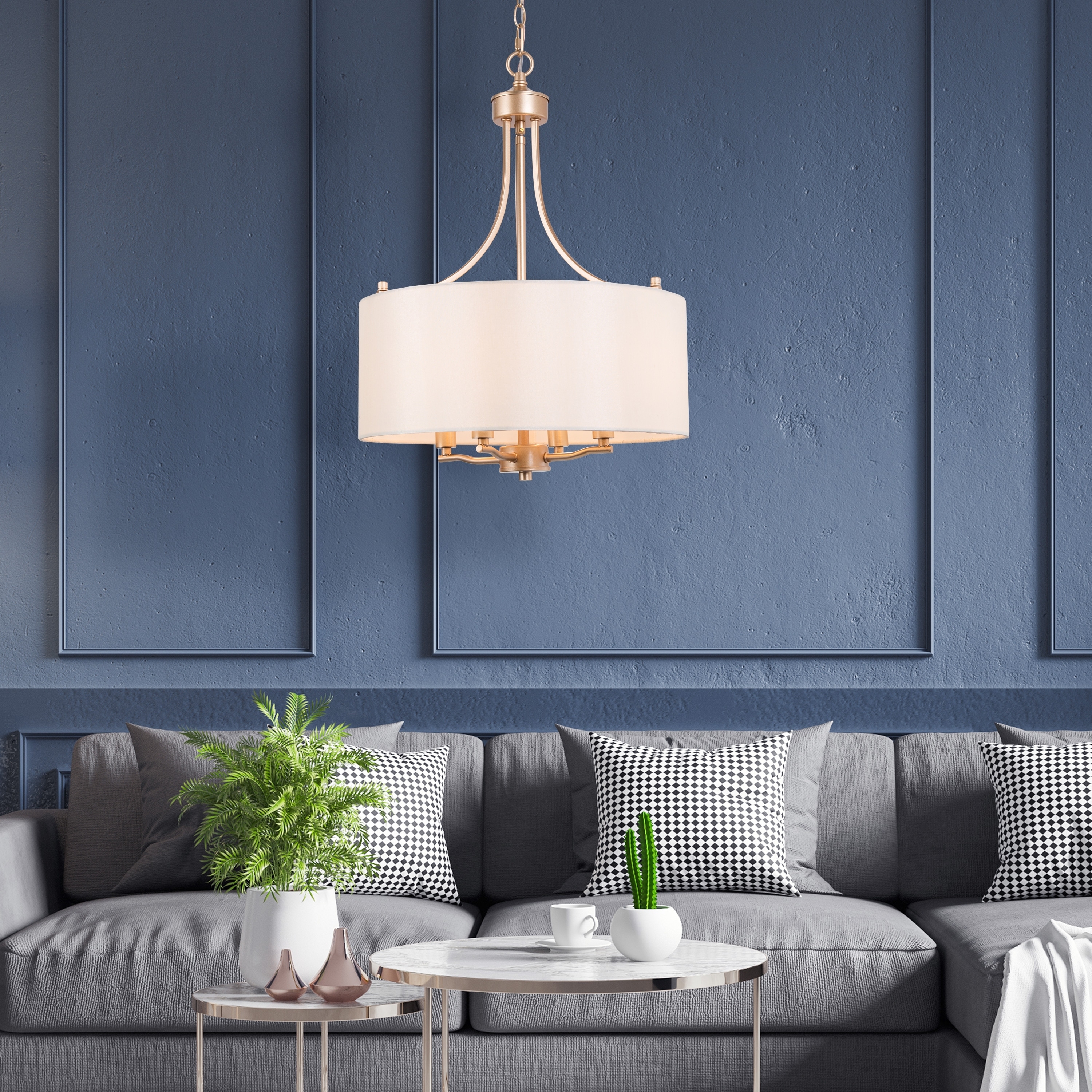 Drum Chandelier White Fabric Shade With Gold Drum Shade | Modern Gold