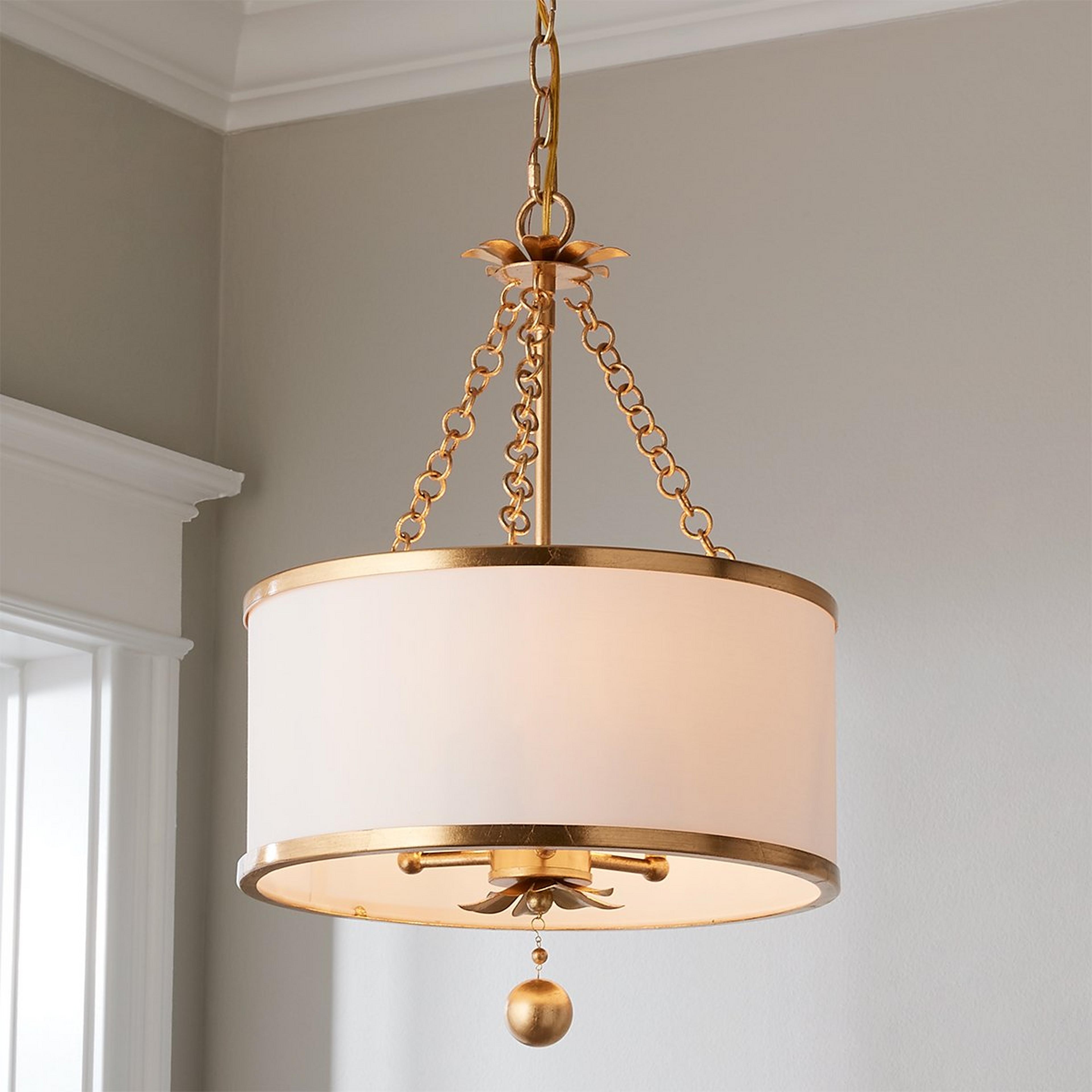 Drum Shade Chandelier Olive Leaf Motif Gold Leaf | Olive Leaf Gold Light