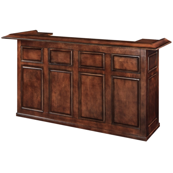 Dry Bar Featuring Recessed Panels and Tiered Wood Top