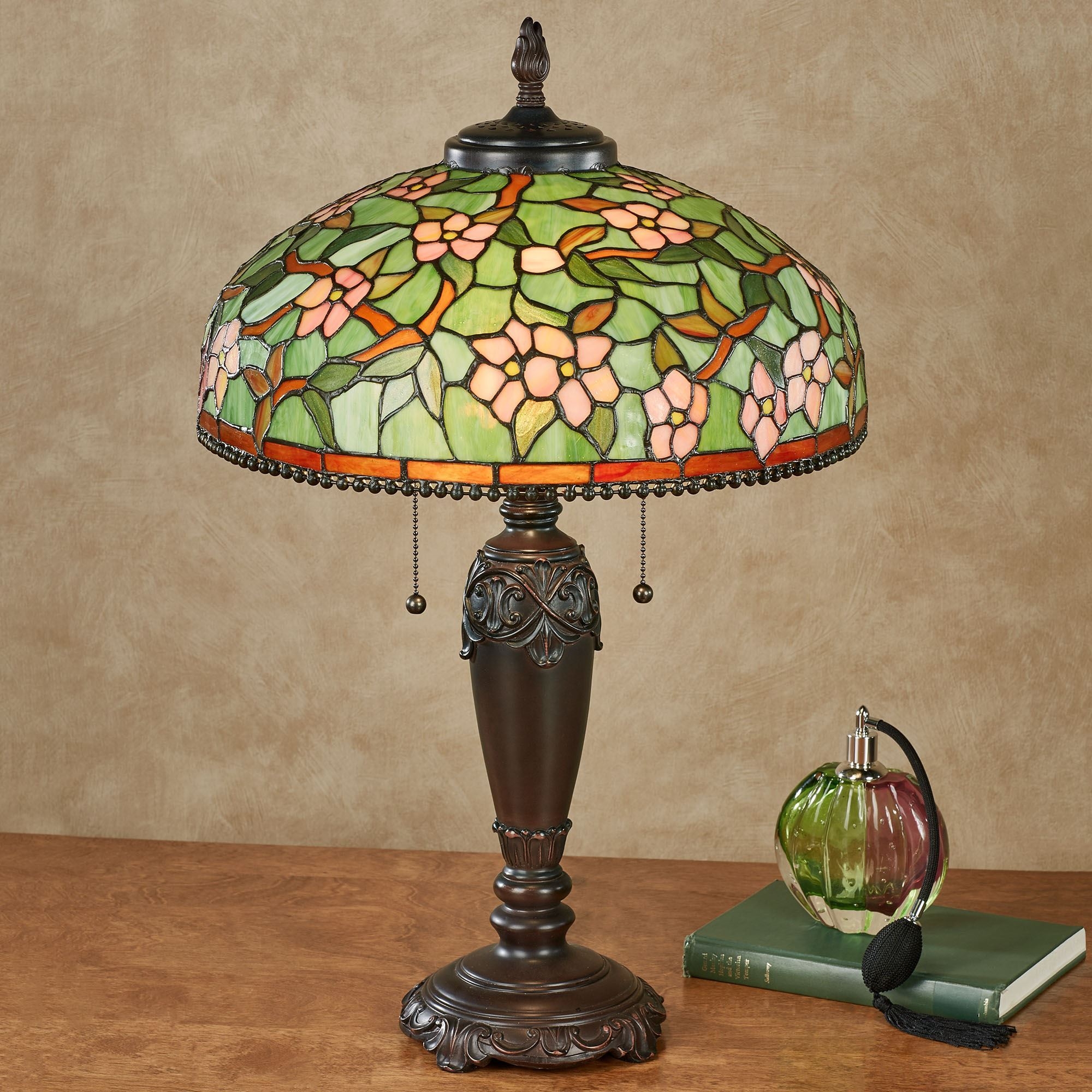 Dusty Pink Table Lamp with Floral Motif and Beaded Fringe