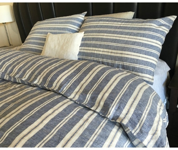 Duvet Cover Navy Ticking Stripe Paneled Black Headboard