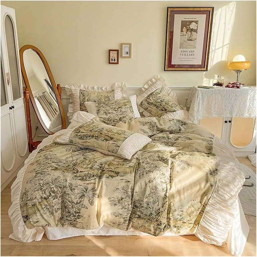 Duvet Cover Set Botanical Toile Print Ruffled Borders