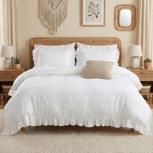 Duvet Cover Set Cane Webbing Ruffled Trim White Bedding