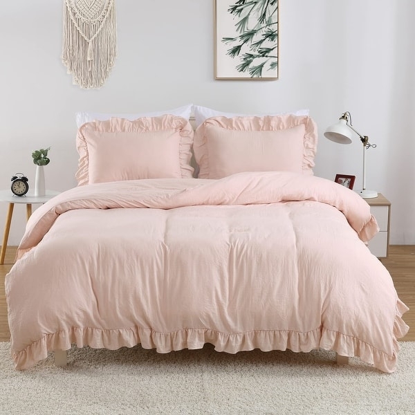 Duvet Cover Set Crinkled Texture Ruffled Blush Bedding
