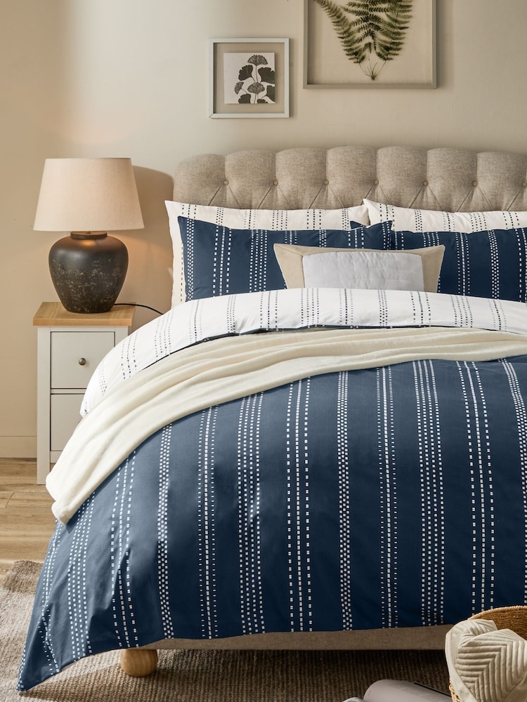 Duvet Cover Set Dashed Stripe Navy Stripe Reversible Bedding
