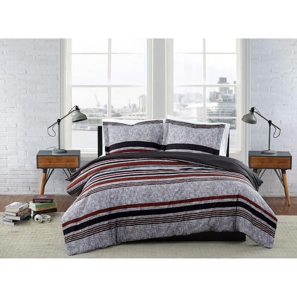 Duvet Cover Set: Heather Grey Marl Horizontal Stripes Rust Accents