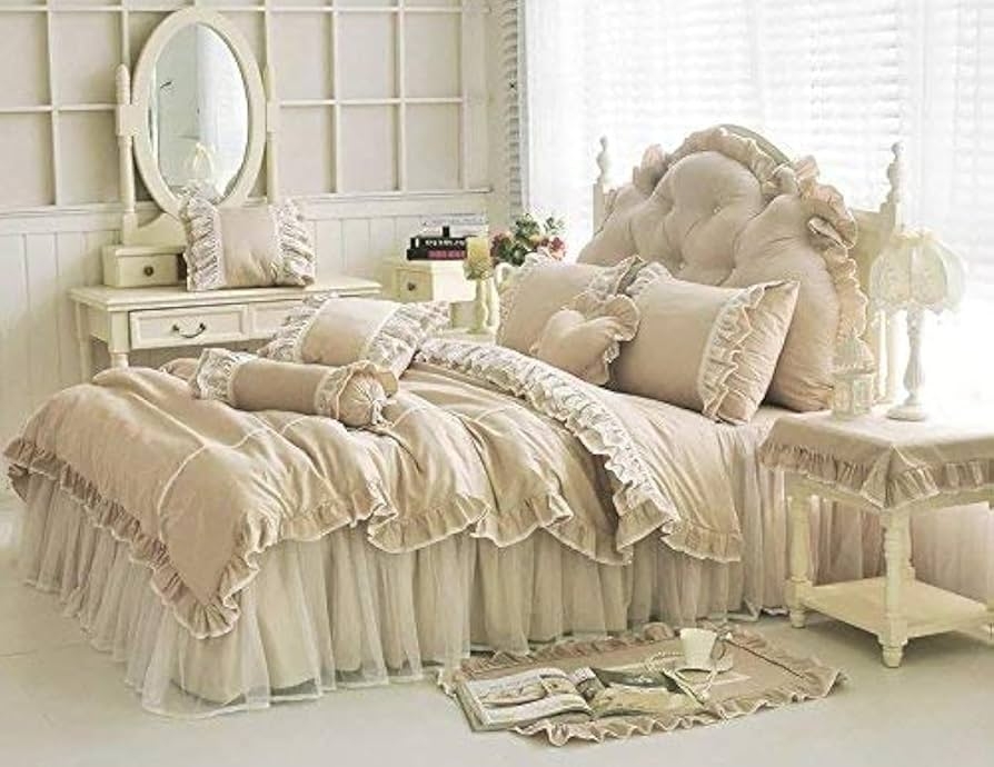 Duvet Cover Set Khaki Tiered Ruffled Skirt Lace Trim