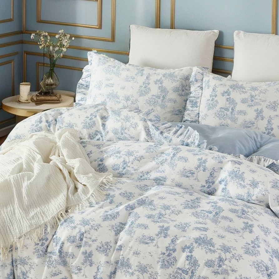 Duvet Cover Set Ruffled Edges Toile De Jouy Print