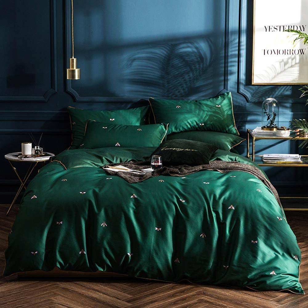 Duvet Cover Set Silk Bee Embroidery Emerald Green Luxury