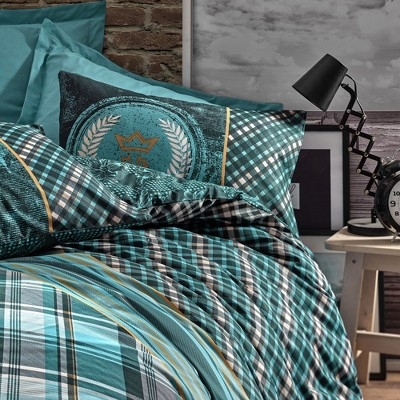 Duvet Cover Set: Teal Plaid Crest Graphic Industrial Bedroom Style