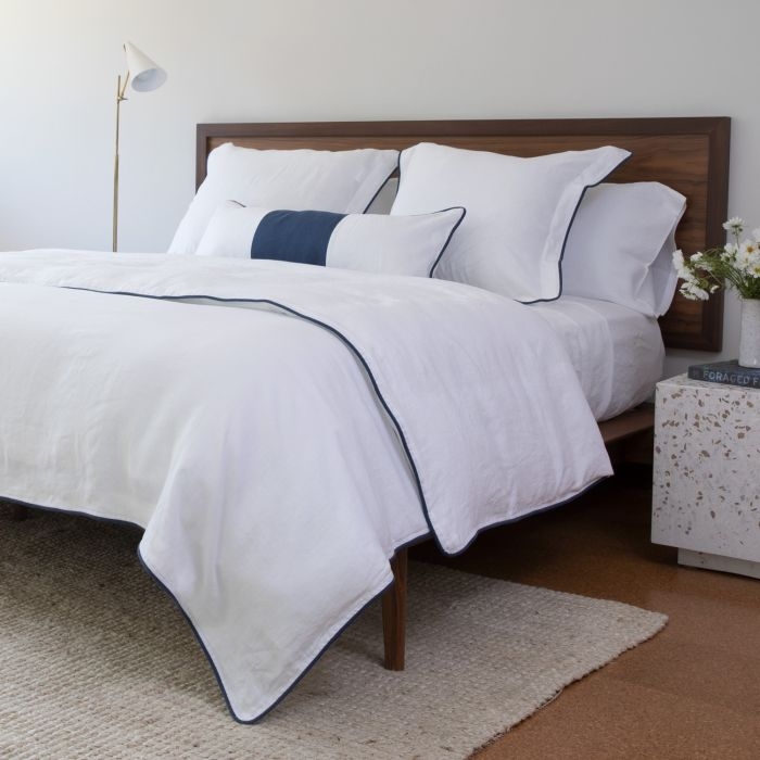 Duvet Cover Set Terrazzo Side Table White Linen Navy Piping