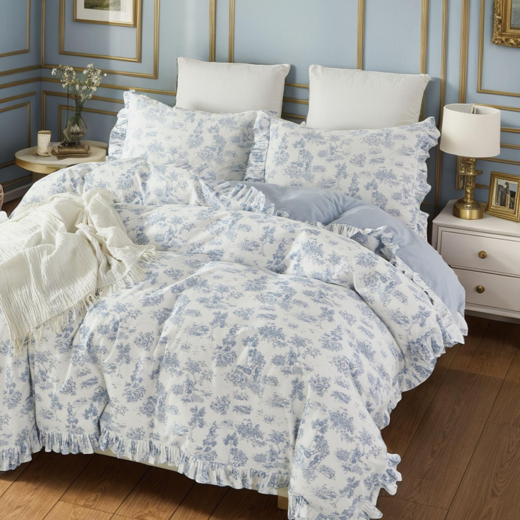 Duvet Cover Set Toile Print Scenic Floral Design Decor