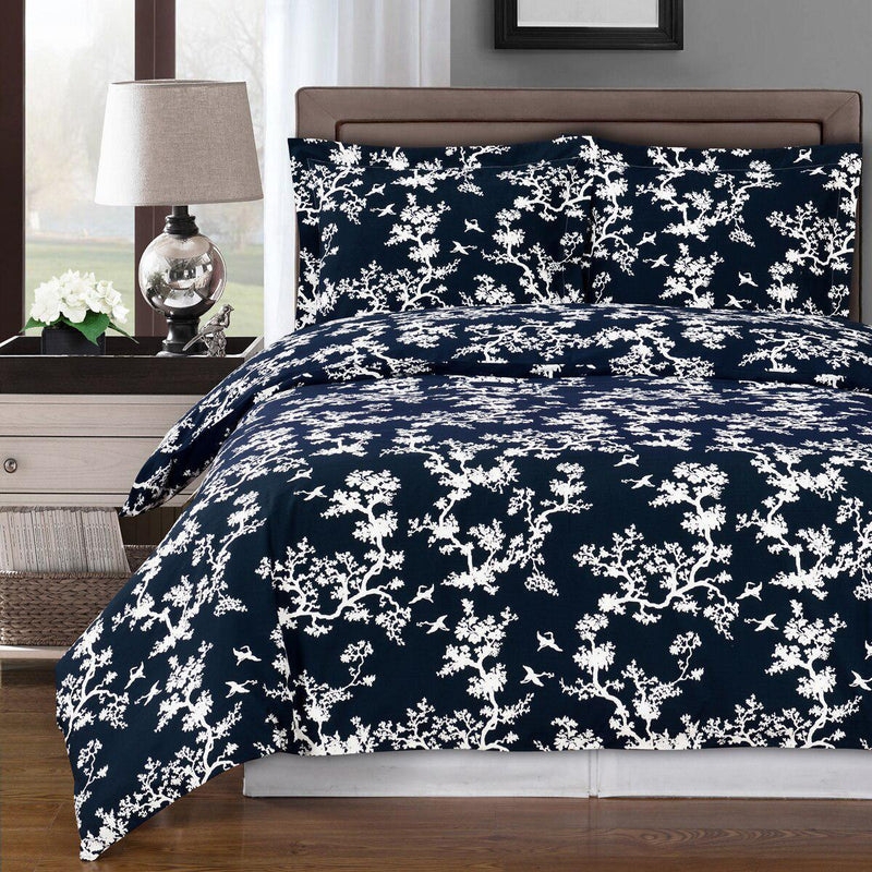 Duvet Cover Set Tree And Bird Motif Blue Tree Duvet