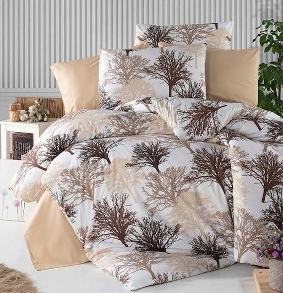Duvet Cover Set: Tree Silhouette Pattern Nature Inspired Beige Bedding