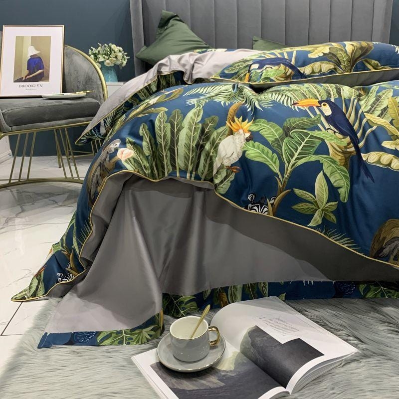 Duvet Cover Set Tropical Bird Print Navy Emerald Gold Piping