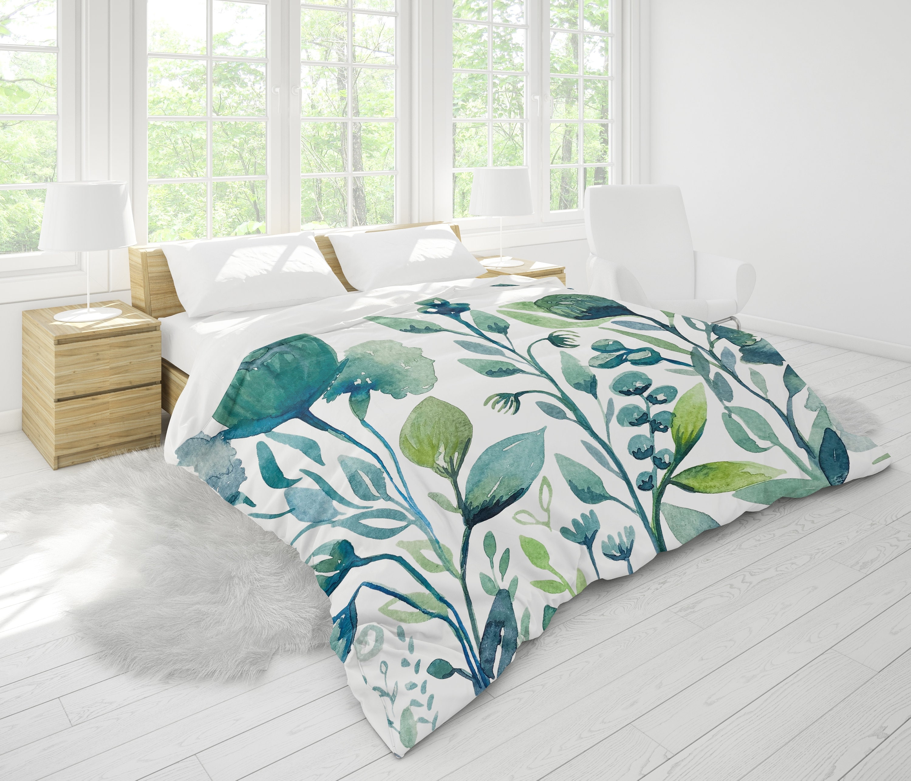 Duvet Cover Watercolor Botanical Print Teal Scandi Styling