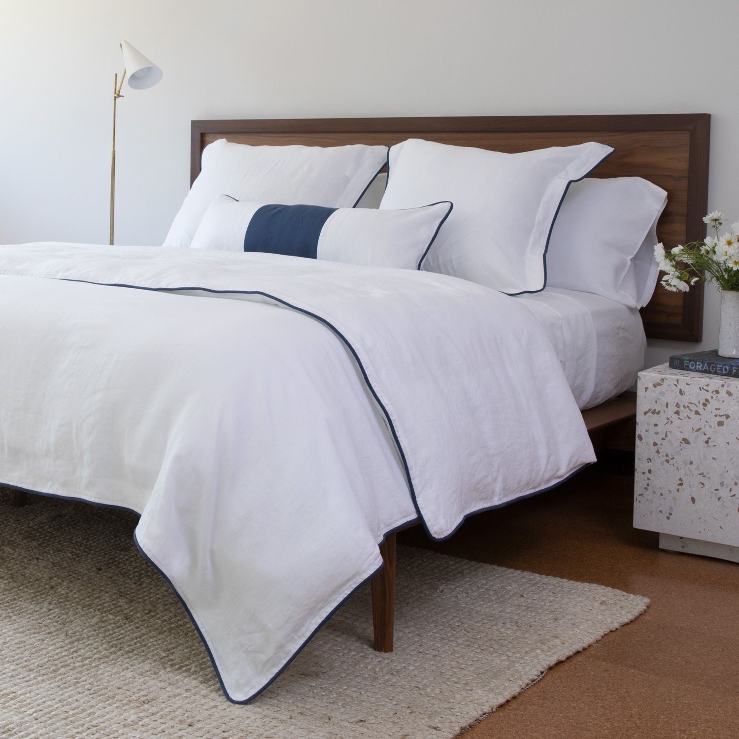 Duvet Cover with Navy Piping and Terrazzo Cube Details