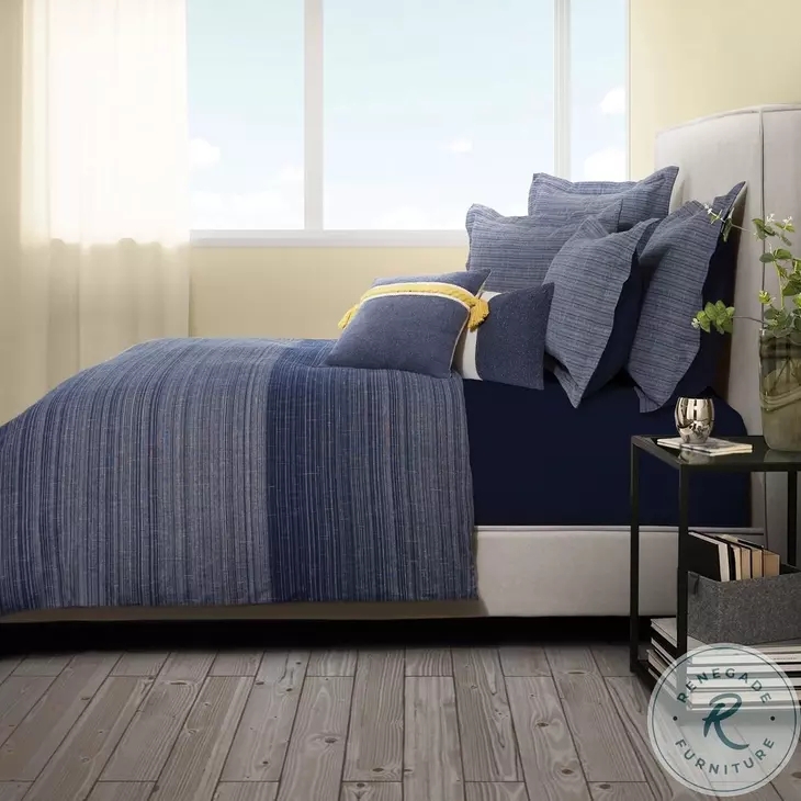 Duvet Set: Denim Blue Vertical Textured Stripes Mustard Tassel Style