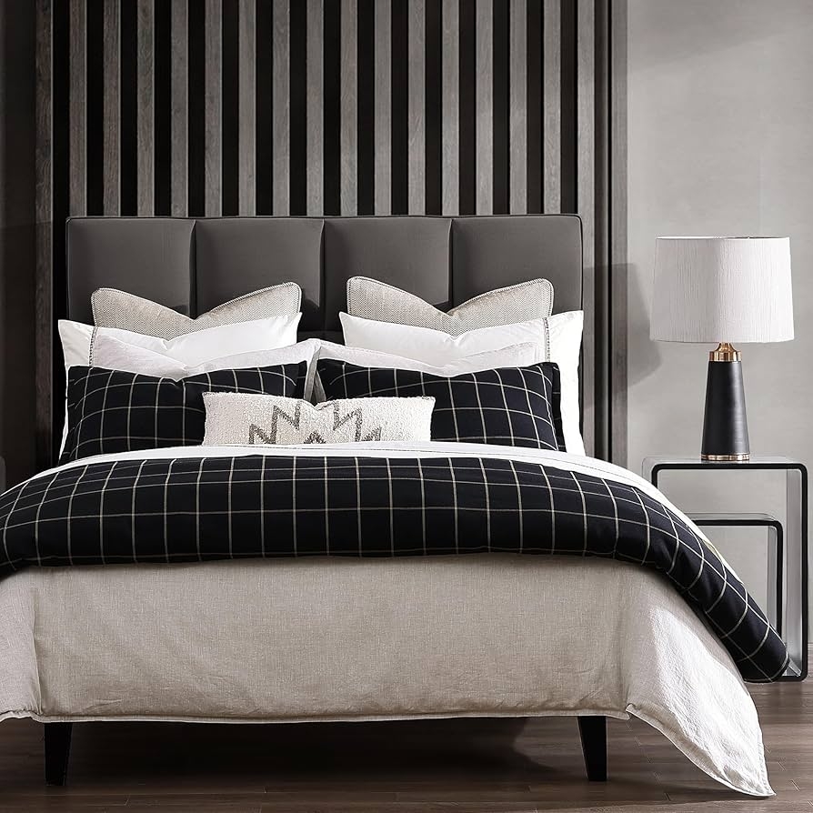 Duvet Set: Matte Black Windowpane Plaid and Vertical Slat Accent Wall