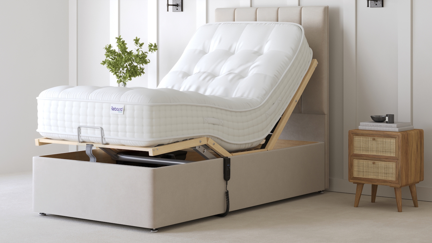 Electric Adjustable Bed: Remote Control and Rattan Cane Drawers