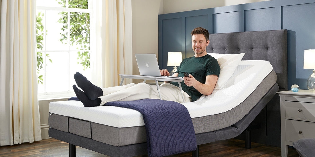 Electric Bed: Articulating Base and Slate Blue Paneled Walls