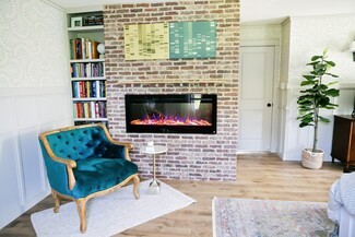 Electric Fireplace Brick Surround Teal Velvet Chair DIY Guide