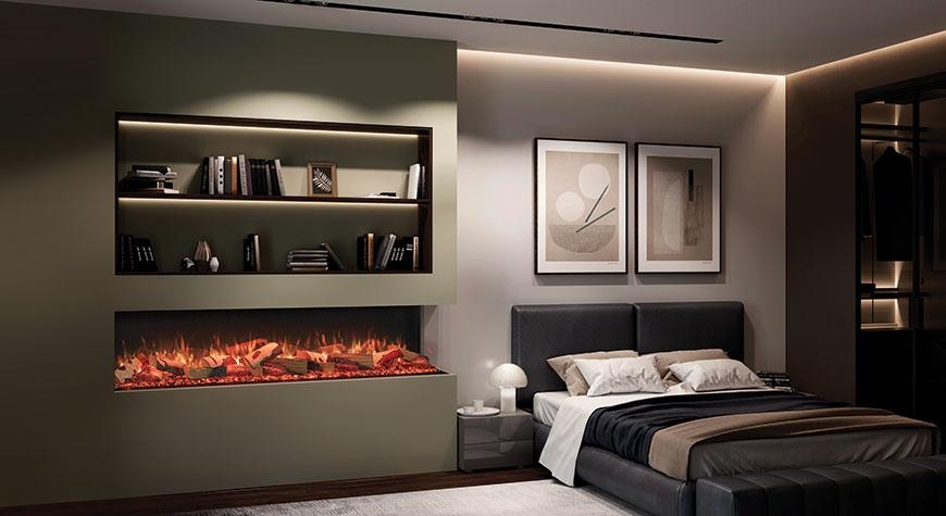 Electric Fireplace: Integrated Wall Shelving and Sage Green Accent