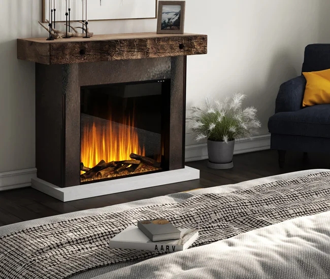 Electric Fireplace: Thick Beam Mantel and White Platform Base
