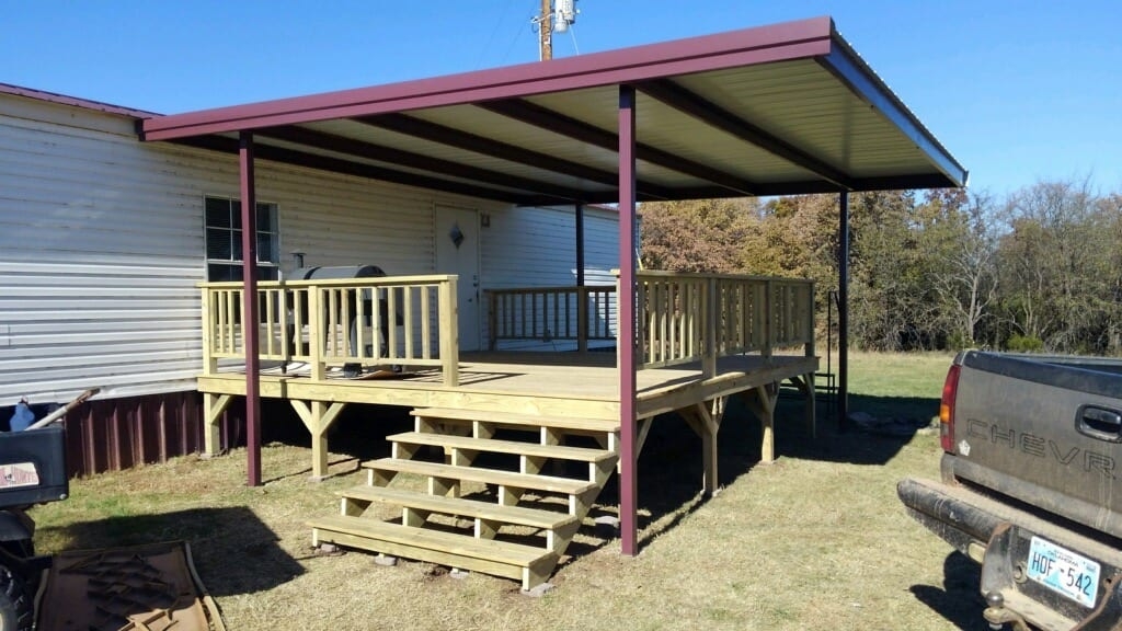 Elevated Deck Maroon Trim Covered Deck With Stairs