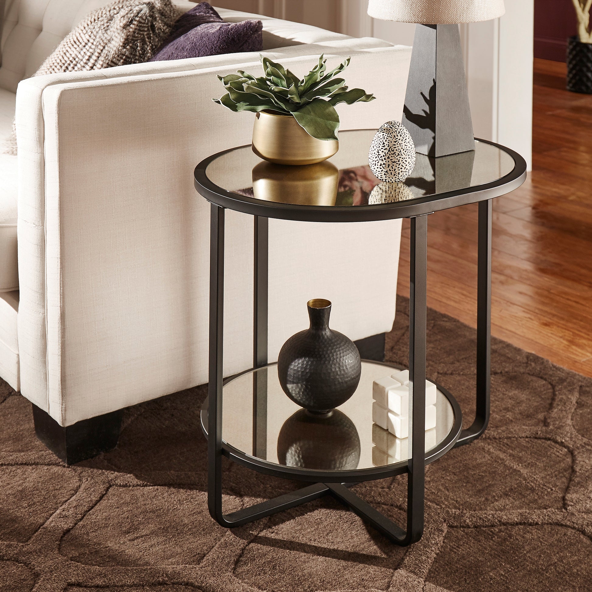 End Table Oval with Antique Mirror Top and Matte Black Frame