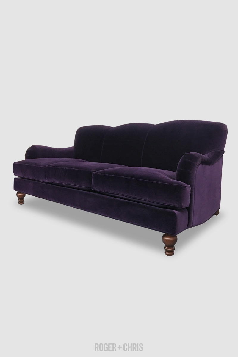 English Roll Arm Sofa Scalloped Back Porto Purple