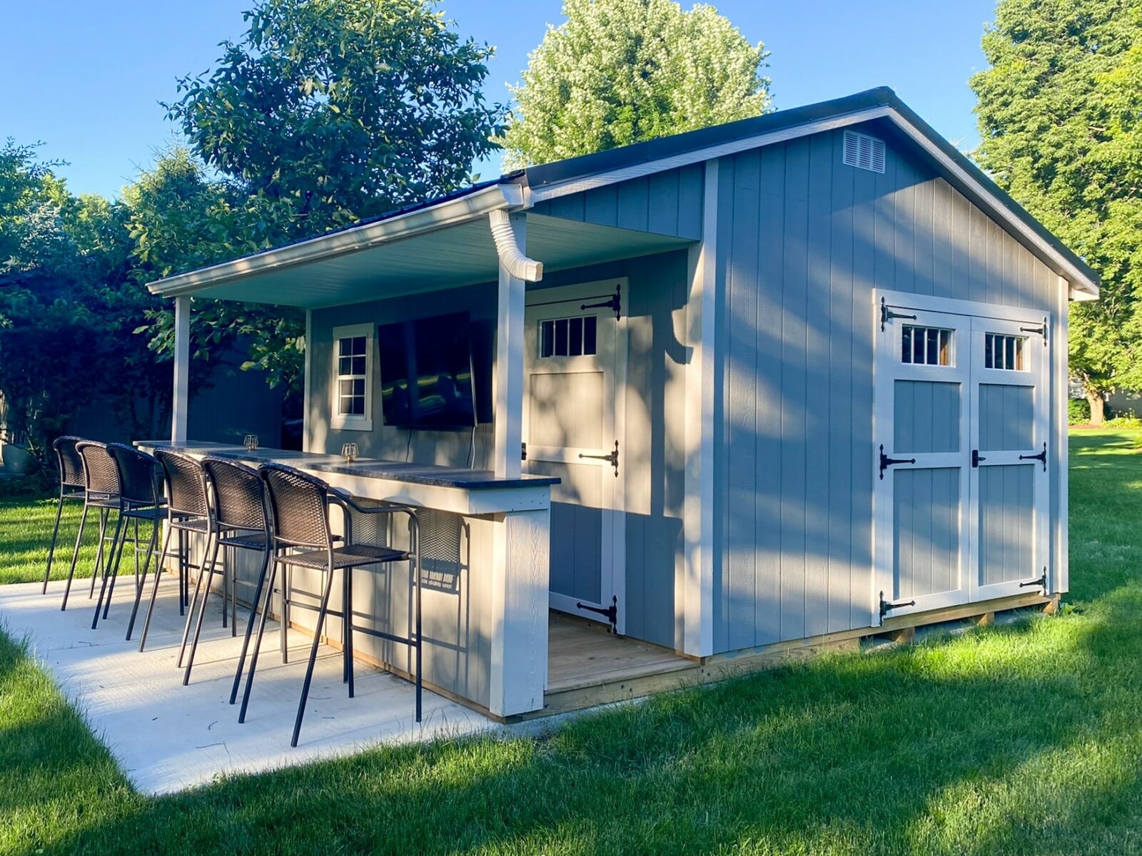 Entertainment Shed Blue Modern Farmhouse Hub with Porch