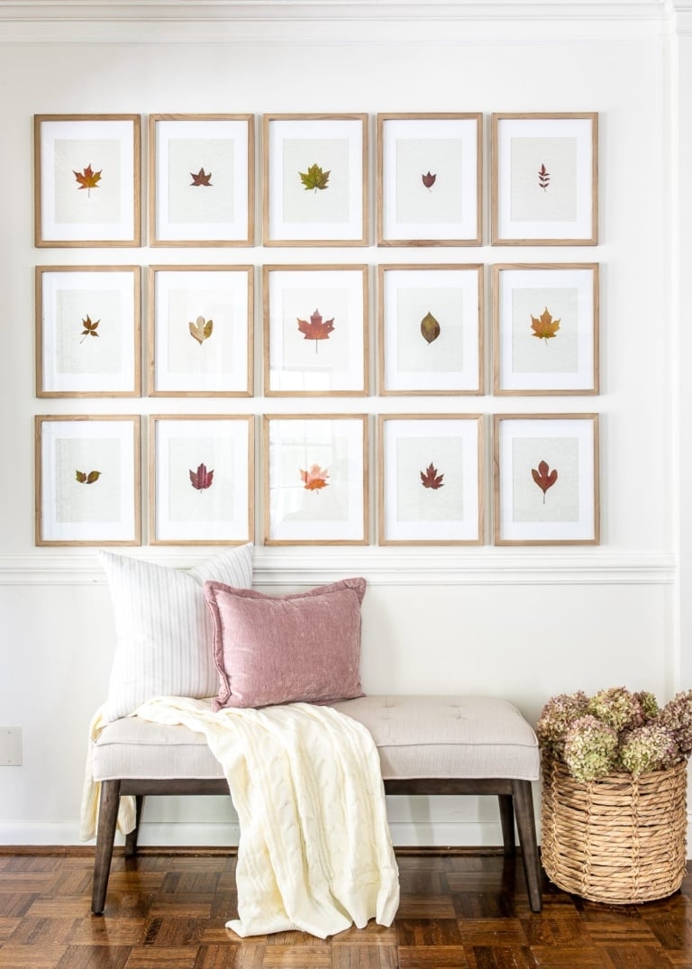 Entry Bench Pressed Leaf Art Grid and Cozy Fall Decor